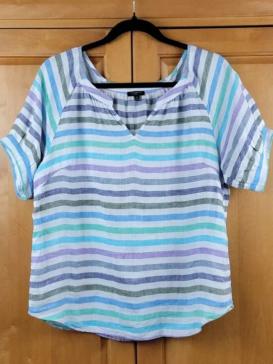 Talbots Rockport Stripe Linen Elbow Sleeve Popover Top - MP - Picture 3 of 8